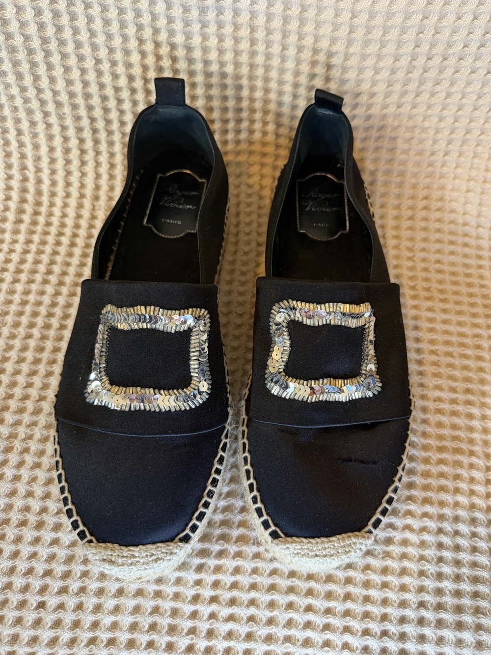 Roger Vivier Crystal Buckle Espadrille platforms EU 39.5 Black Silk Rope US 9.5